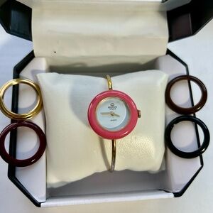 Gucci Women's Watch with Pink Bezel and Gold Band